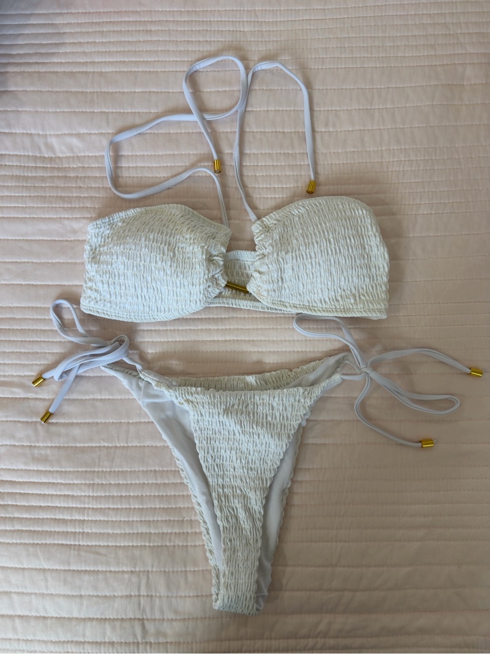 White Smocked Bandeau Tie-Side Bikini Set